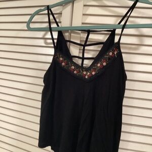 Monteau Black Strappy Camisole with Floral Embroidered Trim